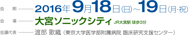 会期…2016年9月18日（日）〜19日（祝）　会場…大宮ソニックシティ（JR大宮駅西口〜歩行者デッキ徒歩3分）　会議代表…渡部 歌織 （東京大学医学部附属病院 臨床研究支援センター）